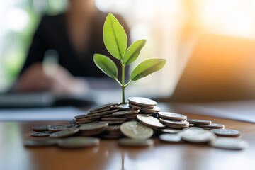 Green sprout growing from pile of coins, blurred background with person working, illustrating financial growth and investment concept