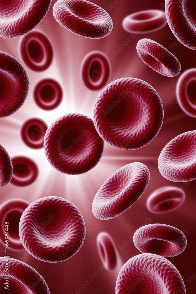 Poster abstract close-up of red blood cells flowing in dynamic motion with radiant background