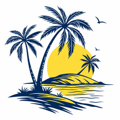 Tropical Sunset Landscape with Palm Trees and Birds Silhouette