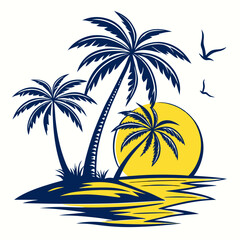 Tropical Island Sunset Silhouette with Palm Trees and Birds