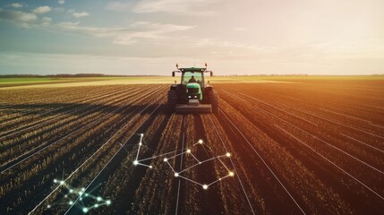 An AI powered autonomous tractor plowing fields in an advanced agricultural farm, vast farmland with real-time soil data and crop analysis, Precision farming technology style