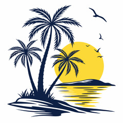 Tropical Island Sunset Silhouette: Palm Trees, Ocean, and Flying Birds