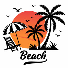 Tranquil Beach Sunset Scene with Palm Trees, Umbrella, and Chair