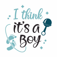 I Think It's a Boy! Baby Shower Announcement with Rattle and Footprints