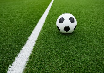 A soccer ball resting on a green grass field next to a white line marking the boundary of the playing area