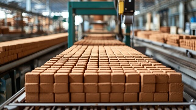 A production line at a brick factory, where clay bricks are molded, fired, and stacked for construction use, showcasing manufacturing efficiency