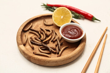 Wooden plate with fried maggots, lemon, chili pepper and bowl of ketchup on white background