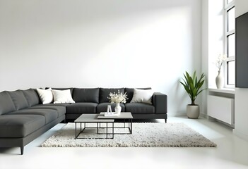 The style is 3D model with octane render volumetric, highly detailed for videogame design. A modern living room with a black sectional sofa, three metal coffee tables with white frames, and a white.
