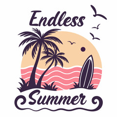 Naklejka premium Endless Summer: Palm Trees, Surfboard, and Sunset Beach Scene