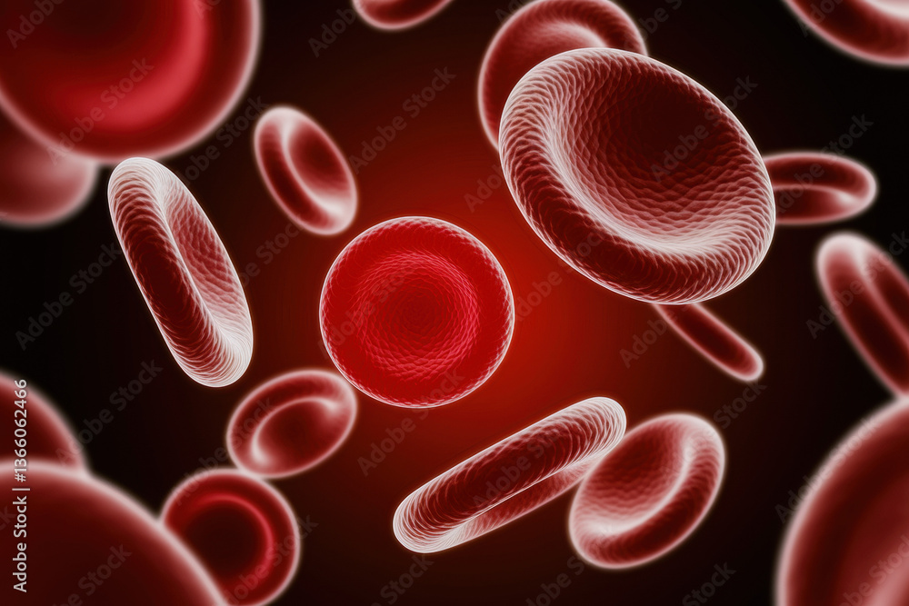 Poster dynamic visualization of red blood cells in a vivid microcosm with rich red background