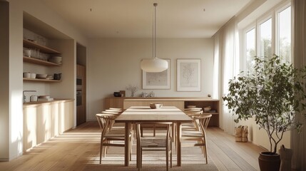 A dining room with an open-concept design showcases stylish Scandinavian elements, featuring a neutral color palette that resonates with modernity and tranquility.