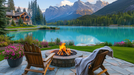 Cozy outdoor fire pit by a tranquil lake with stunning mountain views during sunset near a rustic cabin surrounded by lush greenery and blooming flowers