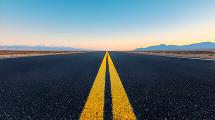 Fototapeta premium Straight Road With Yellow Lines Under Blue Sky With Distant Mountain Range During Golden Hour