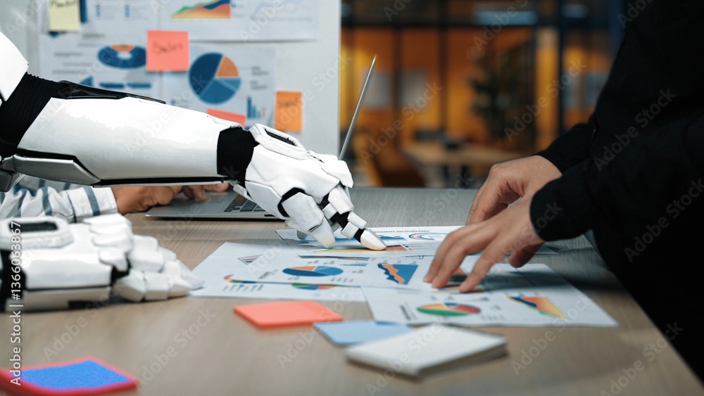 Poster a robotic arm collaborates with a human in analyzing business reports and data visualizations in a m