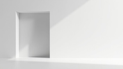 Sunlit recessed doorway in a minimalist white room, offering a clean and simple backdrop for design presentation