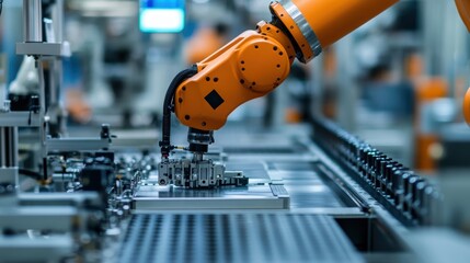 A close-up of a robotic arm performing a precise task on an assembly line, highlighting the automation in industrial robotics