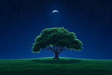 Naklejka premium Lone tree on grassy hill under crescent moon and starry night sky