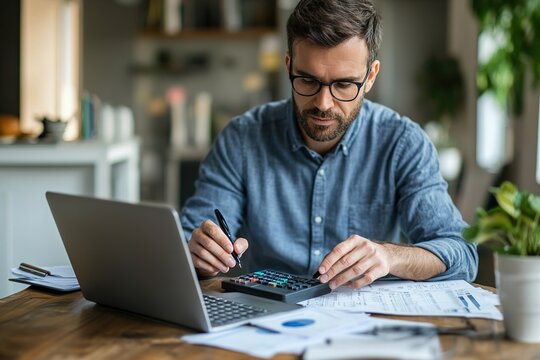 Man engaged in financial or administrative work seated at table at home office, using calculator, pay bills through e-banking system on laptop, review documents, busy in personal finances management