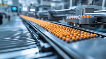 A production line in a pharmaceutical plant, with high-tech machines processing raw materials into tablets and capsules for distribution