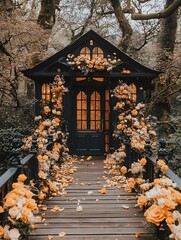 Autumn cabin entrance adorned with flowers