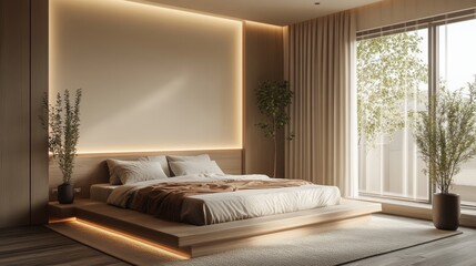 A minimalist bedroom with a sleek platform bed, simple decor, and neutral color scheme, accented with soft lighting and cozy textures
