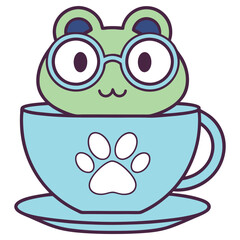 Cute Frog in Teacup with Paw Print Illustration, Whimsical Character Design