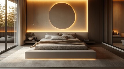 A minimalist bedroom with a sleek platform bed, simple decor, and neutral color scheme, accented with soft lighting and cozy textures