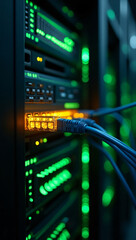 Naklejka premium Network Cable Connected to Server with Glowing Lights