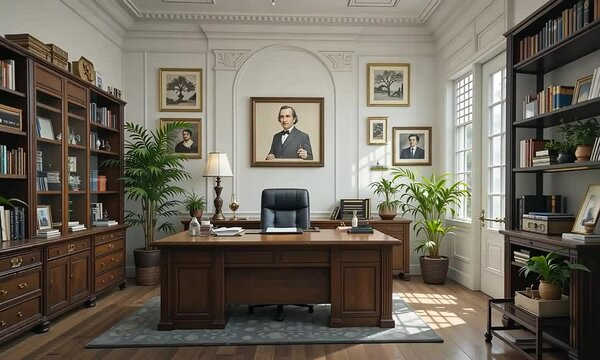4k video. A comfortable and modern law office, with white walls and objects that refer to law and some small plants as room decoration.