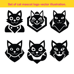 Collection of Black Cat Mascot Logo Designs in Minimalist Style on White.