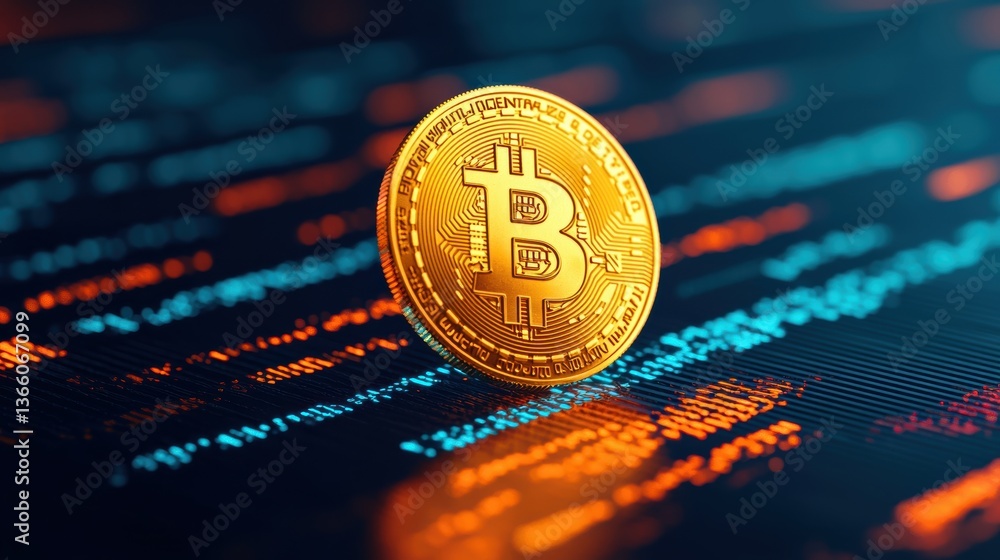 Poster digital payments finance concept. bitcoin cryptocurrency digital currency coin floating on data char