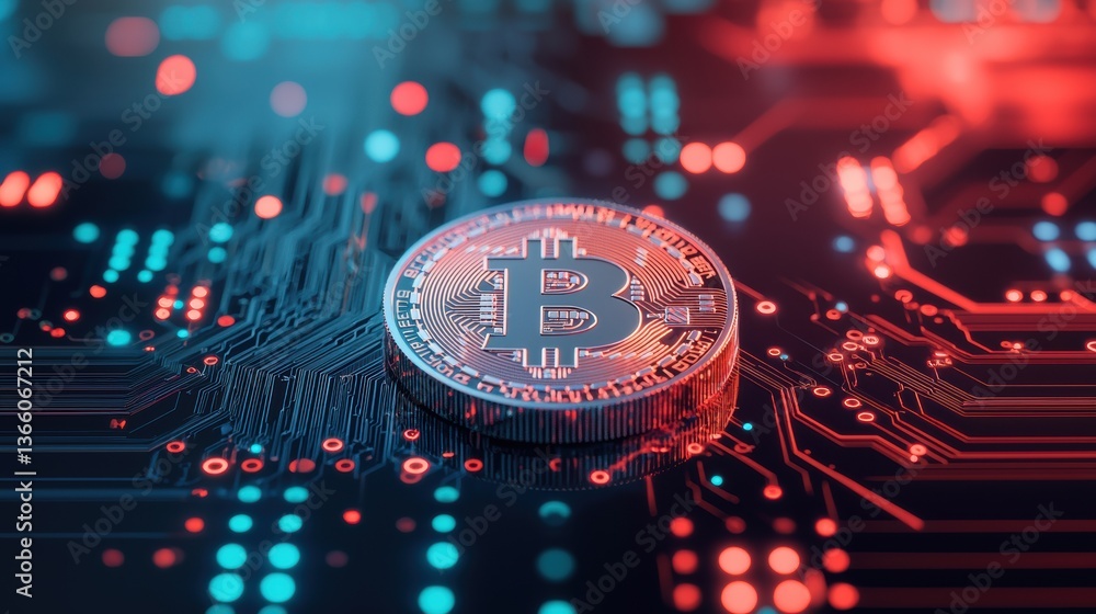 Poster digital payments finance concept. digital currency coin floating in a futuristic circuit board