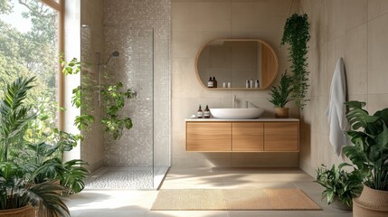 A cozy and functional bathroom with a walk-in shower, chic wall tiles, and modern fixtures, accented with fresh plants and decorative elements