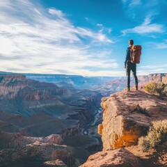 Fototapeta premium Lone hiker gazes into the vast canyon, embodying courage and vision at sunset Generative AI