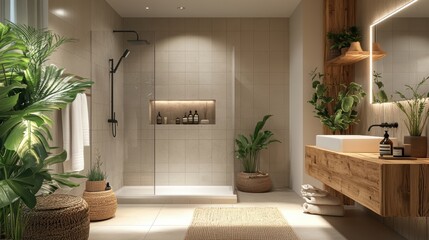 A cozy and functional bathroom with a walk-in shower, chic wall tiles, and modern fixtures, accented with fresh plants and decorative elements