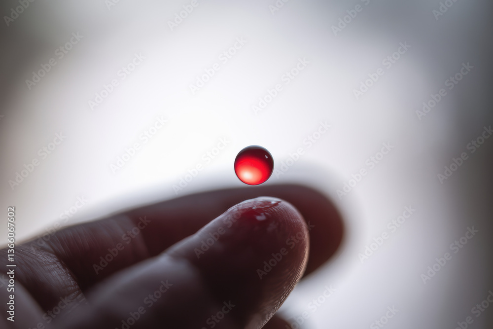 Poster delicate drop of red liquid balanced on fingertip with subtle soft focus background