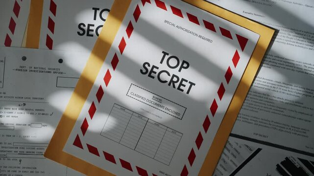 Top shot on files and folders with top secret information in dark office room. Window shadow on documents and manila folder with red retro old label containing classified files and censored text