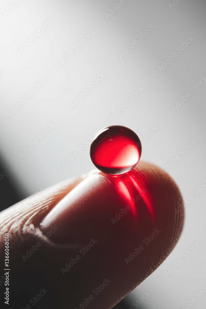 Poster close-up of a reflective red liquid droplet balanced on finger with soft light background