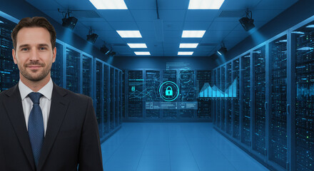 A confident businessman stands before a futuristic server room, symbolizing secure data and technological growth, bathed in cool blue light with holographic displays.