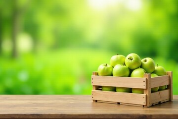 A wooden crate brimming with fresh, green apples sits on a rustic wooden table, set against a vibrant, out-of-focus backdrop of lush greenery.