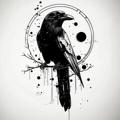 Stylized Black and White Raven Illustration with Geometric Elements