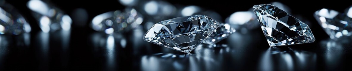 Several finely cut diamonds placed on a black background, sparkling with light, surrounded by scattered small diamond fragments, blurred background in dark tones