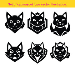 Vector Set of Cat Mascot Logo Illustration in Black and White for Company Branding.