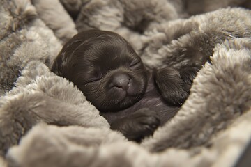 Tiny Brown Puppy Snuggles in Soft Blanket.