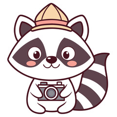 Cute Raccoon Cartoon with Hat Holding Camera on White Background Icon Style