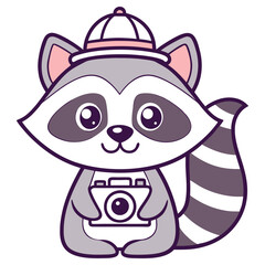 Adorable Cartoon Raccoon with Hat Holding Camera on White Background