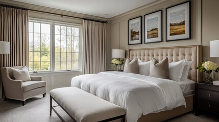 A stylish guest room with modern furnishings, a neutral color scheme, and thoughtful details like fresh flowers and soft lighting to create a pleasant atmosphere