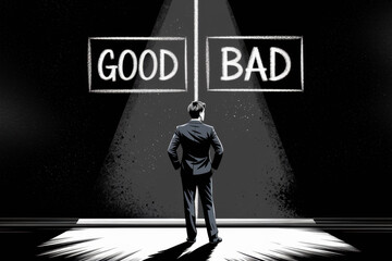 Fototapeta premium Businessman Contemplating Choices in Black and White Contrast with Good and Bad Decisions