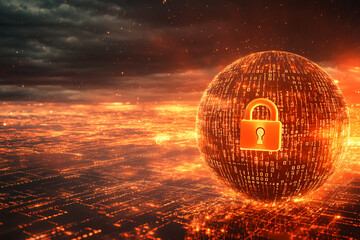 Orange glowing sphere with binary code and padlock, set against a fiery digital landscape, symbolizes cybersecurity, data protection, and digital security