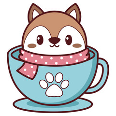 Cartoon Dog Inside Cup, Pink Scarf with Dots on Blue Mug Isolated